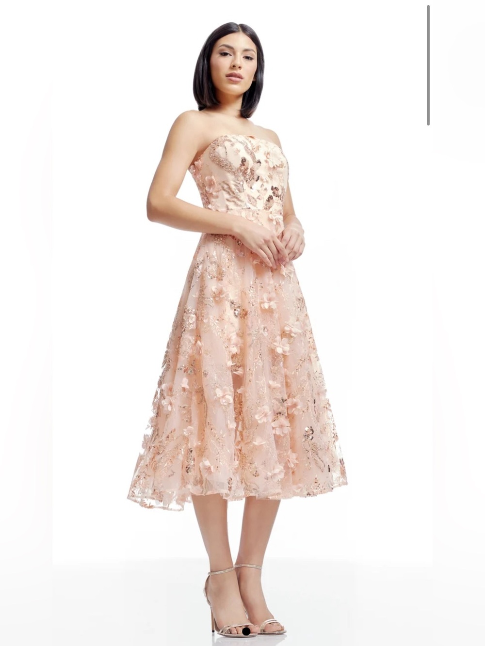 Dress the Population Strapless Floral Appliqué Midi Dress in Blush